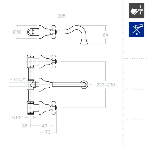 Встраиваемый вентельный смеситель для раковины на раздельных пластинах 200 мм GAUDI 3120C