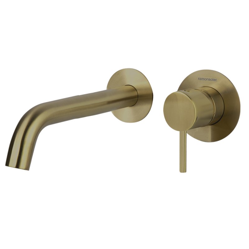 Встраиваемый однорычажный смеситель для раковины на раздельных пластинах с длинным изливом 240 мм ODISEA 392103OC золото брашированное