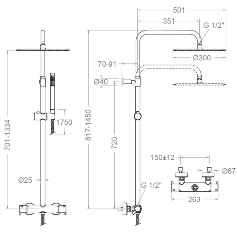 Душевая термостатическая система с регулировкой высоты с тропическим и ручным душем  DRAKO 335413RM300