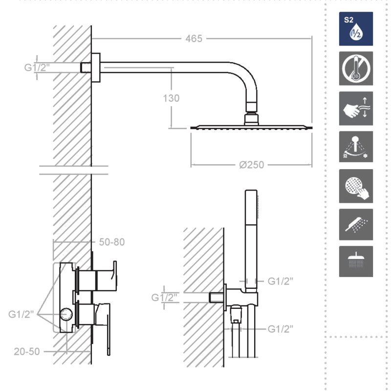 Встраиваемая душевая система с тропическим душем и душевым комплектом ALEXIA K3615021OC золото брашированное