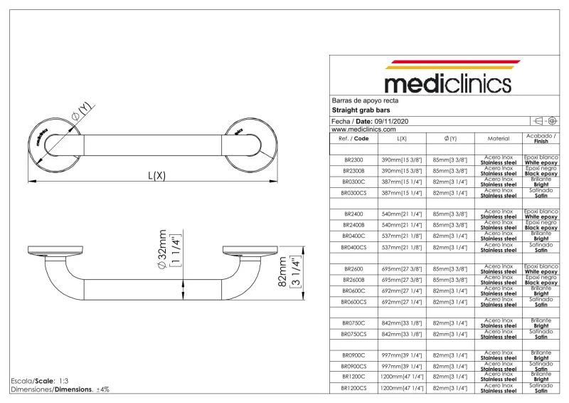 BR2400 прямой поручень 540 мм Mediclinics