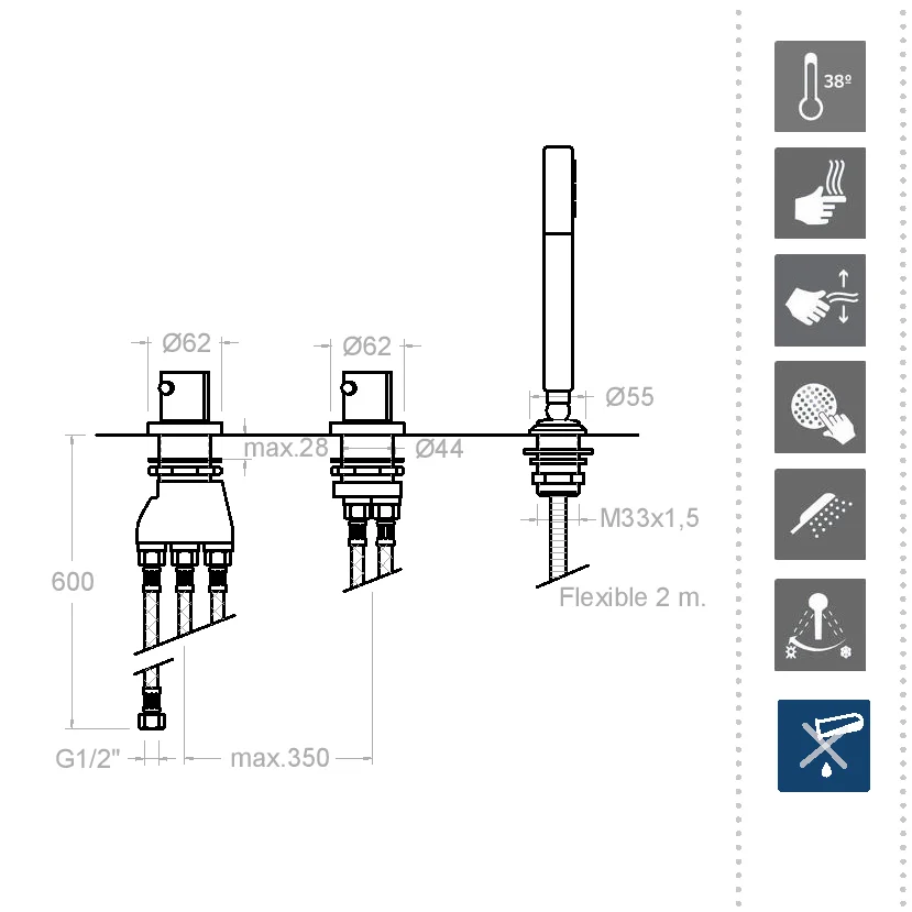 Термостатический смеситель на борт ванны однорычажный с душевым комлектом AROLA 2633TMSCA