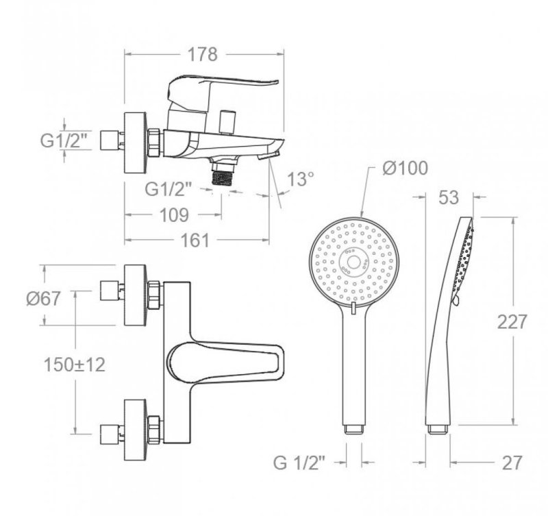 Смеситель для ванны с душевым комплектом YPSILON PLUS 640511T3