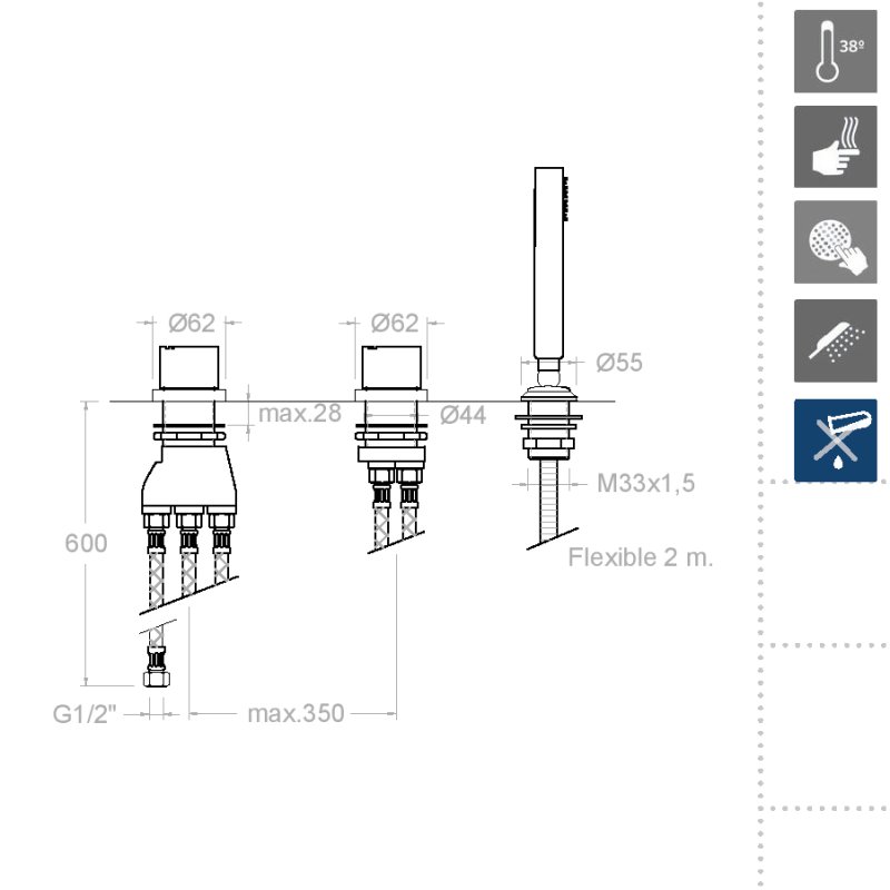 Термостатический смеситель на борт ванны однорычажный с душевым комлектом KUATRO 4733TSCAMK
