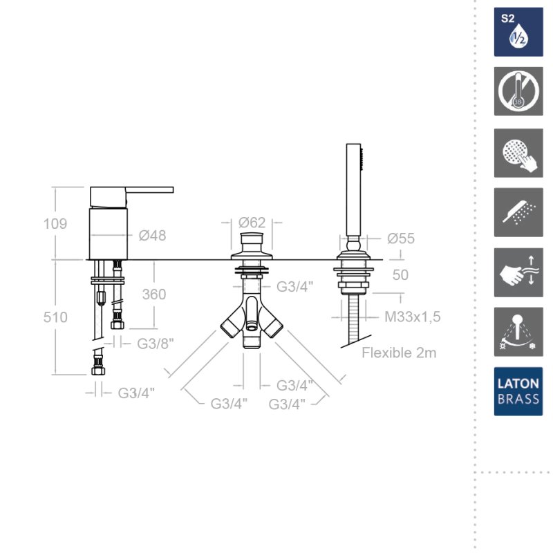 Смеситель однорычажный на борт ванны встраиваемый с душевым комплектом DRAKO 333302SCAM