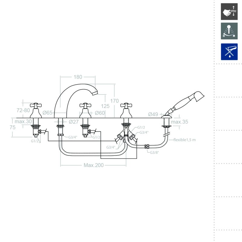 Смеситель вентельный на борт ванны с душевым комплектом и изливом GAUDI 3132CG