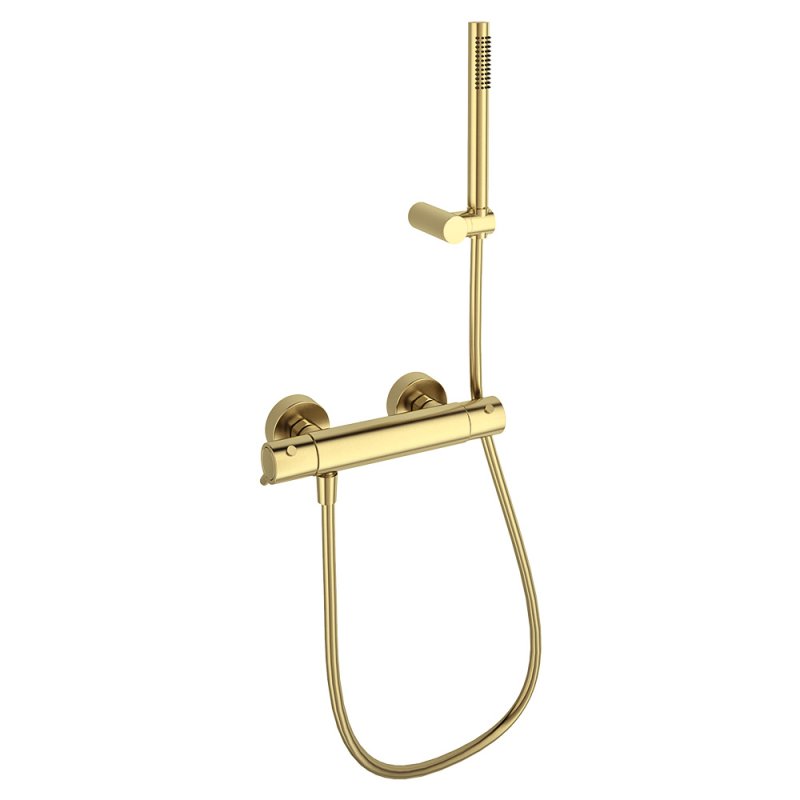 Термостатический смеситель для душа наружнего монтажа с душевым комплектом ODISEA 393401DOC золото брашированное