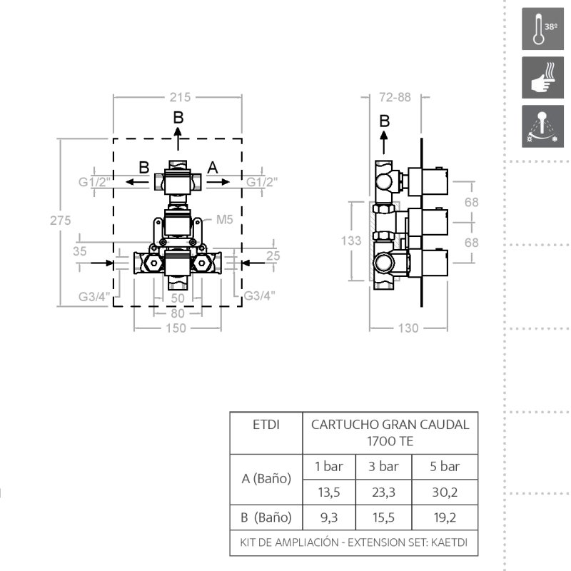Встраиваемый термостатический смеситель для душа KUATRO 4723S на 3 выхода
