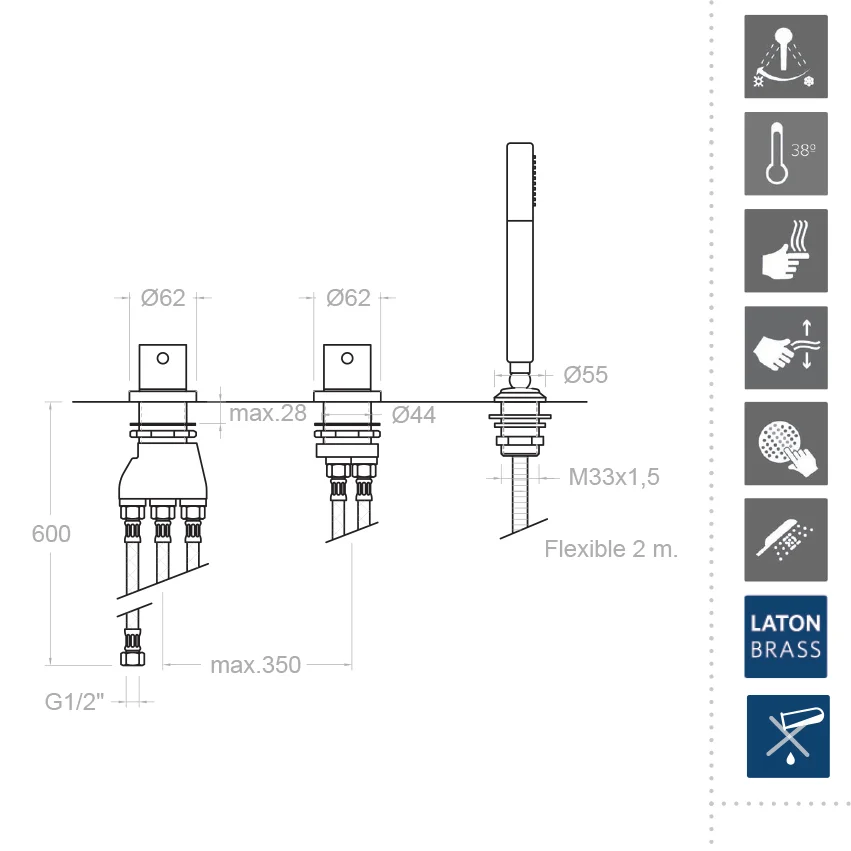 Термостатический смеситель на борт ванны однорычажный с изливом и душевым комлектом ALEXIA 3633TMSCAM