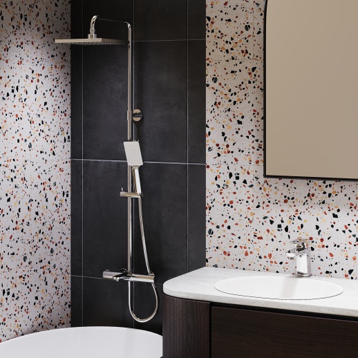 PAINI 09CR687THQ250F3Q80 Nove Душевая система с термоcтатом, фиксированный излив, квадр лейки, хром PAINI 09CR687THQ250F3Q80 Nove Душевая система с термоcтатом, фиксированный излив, квадр лейки, хром