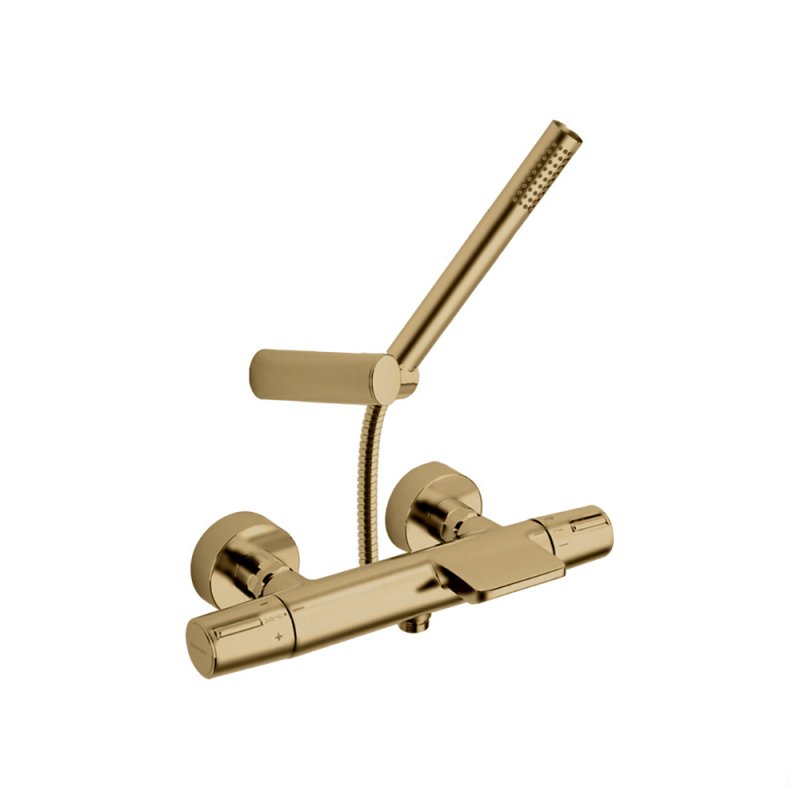 Термостатический смеситель для душа наружнего монтажа с каскадным изливом и душевым комплектом TZAR 343901DOC золото брашированное