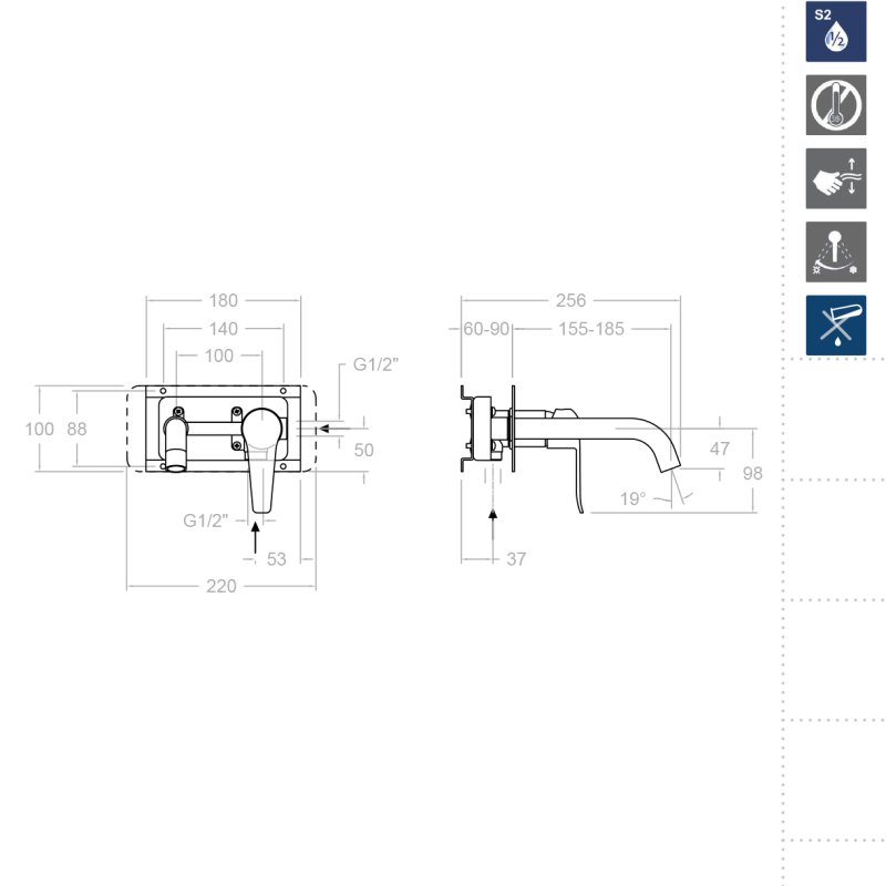 Встраиваемый однорычажный смеситель для раковины на цельной пластине 190 мм YPSILON PLUS 642002