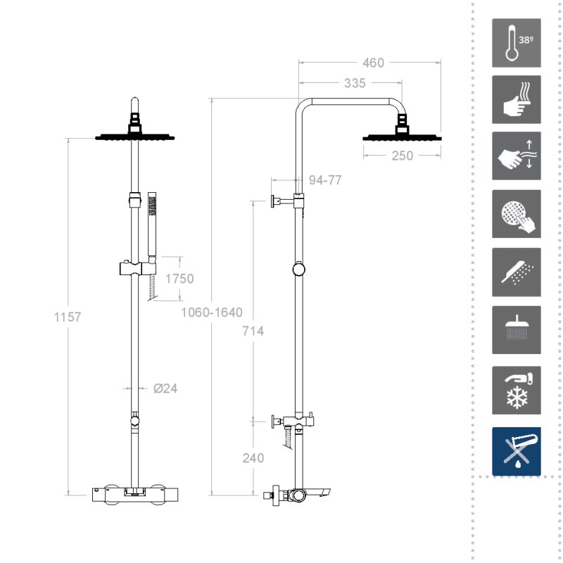 Душевая термостатическая система наружнего монтажа с телескопическим тропическим душем и душевым комплектом с изливом AROLA 265602RK250