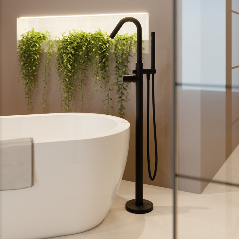 Напольный смеситель для ванны однорычажный с душевым комплектом TZAR 348503DNM Черный