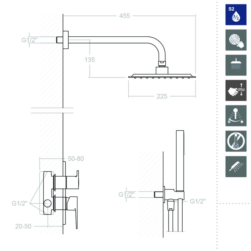 Встраиваемая душевая система с тропическим душем и душевым комплектом TITANIUM K1815022
