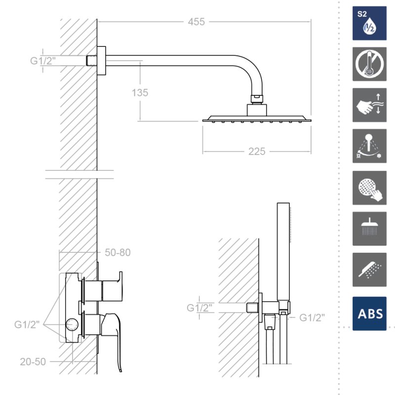 Встраиваемая душевая система с тропическим душем и душевым комплектом YPSILON PLUS K6415022