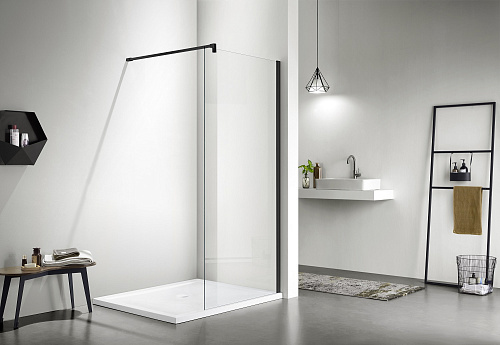 AQ WIW 14020BL Душевая перегородка Walk in с держателем 1400x2000 профиль черный, стекло прозрачное