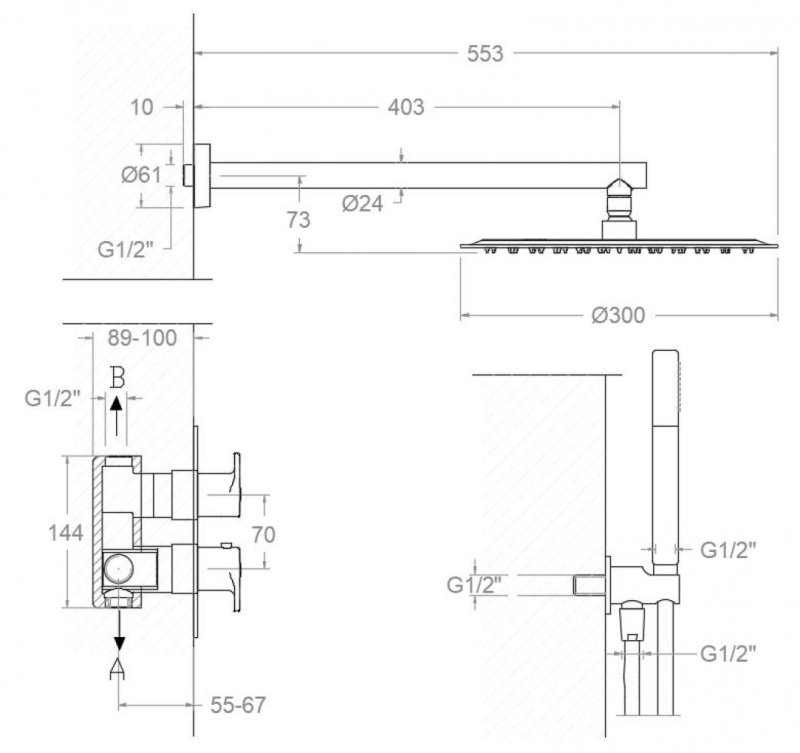 Встраиваемый термостатический смеситель для душа с тропическим и ручным душем ALEXIA K3687012
