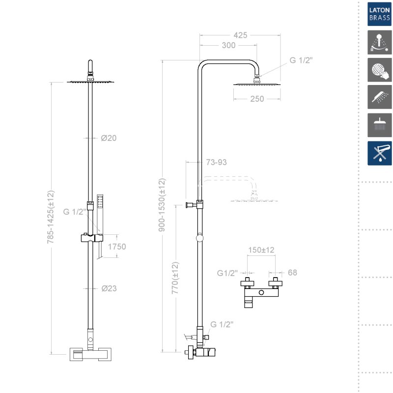 Душевая система наружнего монтажа с телескопическим тропическим душем и душевым комплектом без излива KUATRO 4758RK250