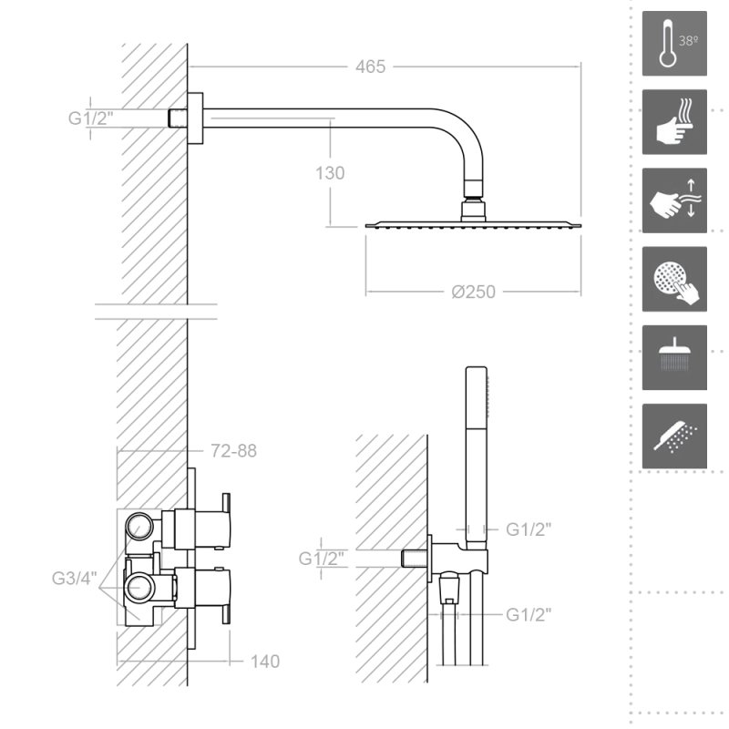 Встраиваемая термостатическая душевая система с тропическим душем и душевым комплектом DRAKO K3387011