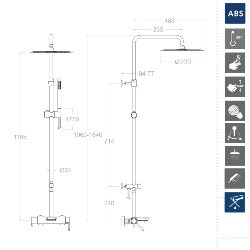 Душевая система наружнего монтажа с телескопическим тропическим душем и душевым комплектом из ABS-пластика DRAKO 335602RP300