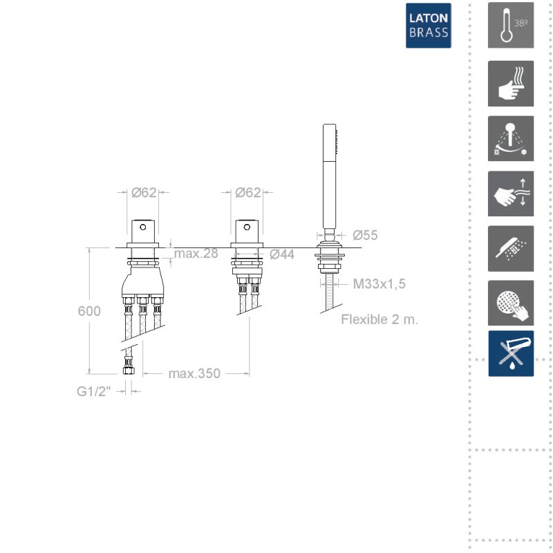 Термостатический смеситель на борт ванны однорычажный с душевым комлектом  URBAN CHIC 213303TSCAM