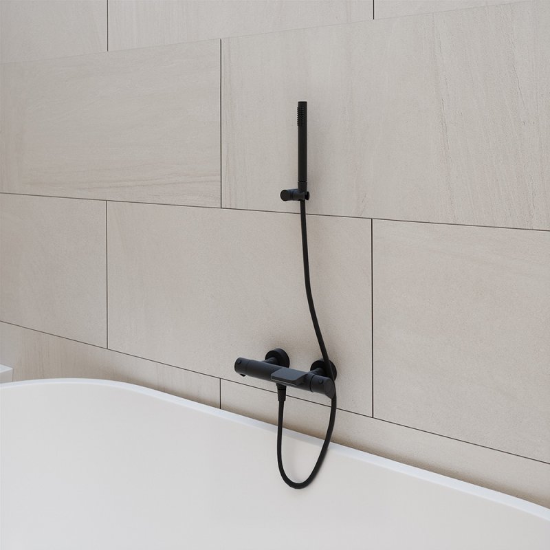 Термостатический смеситель для ванны наружнего монтажа с каскадным изливом и душевым комплектом ALEXIA 363901DNM Черный