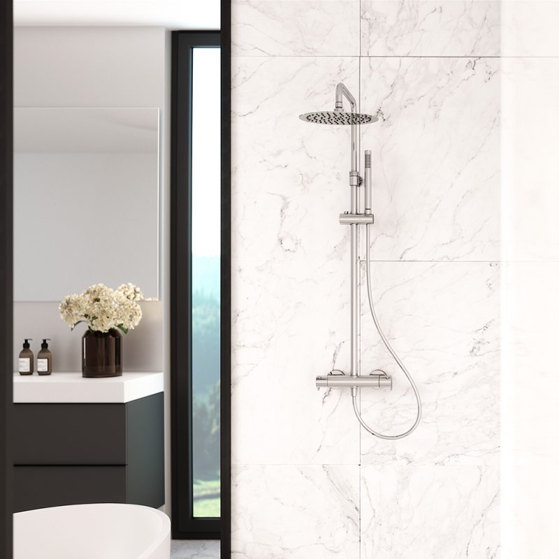 Душевая термостатическая система наружнего монтажа с телескопическим тропическим душем и душевым комплектом ALEXIA 365402RM300