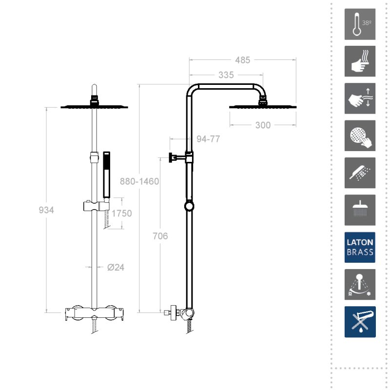 Душевая термостатическая система наружнего монтажа с телескопическим тропическим душем и душевым комплектом ALEXIA 3654RK300N