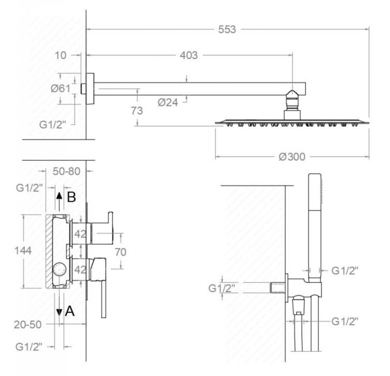 Встраиваемый смеситель для душа с тропическим и ручным душем DRAKO K3315022