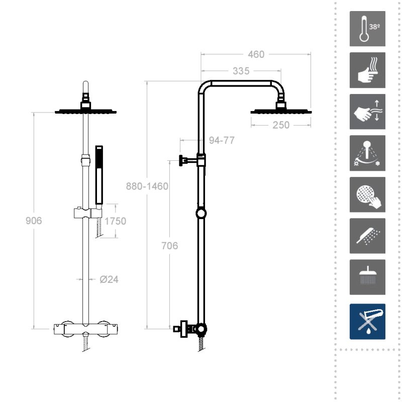 Душевая термостатическая система наружнего монтажа с телескопическим тропическим душем и душевым комплектом AROLA 265403RK250