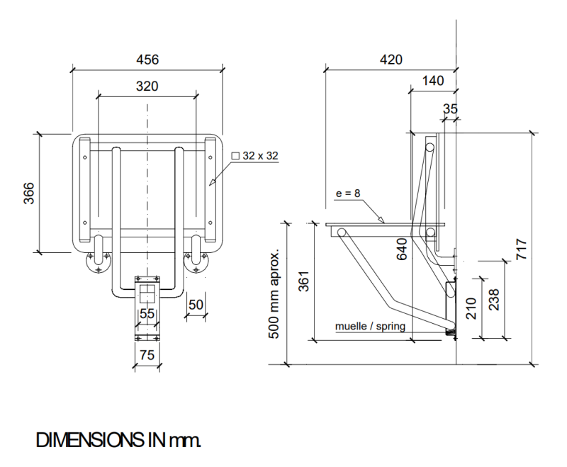 Откидное сиденье для душа с дополнительным креплением к стене 455х400 Nofer 15065.S