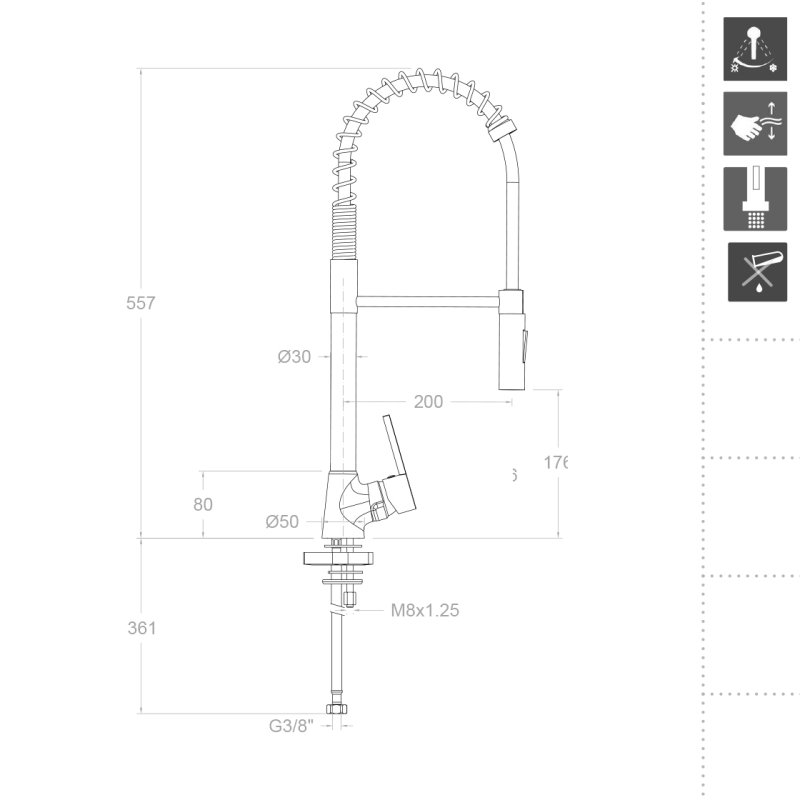 Смеситель высокий для кухни профессиональный с гибким шлангом и поворотным изливом KITCHEN 386501MD