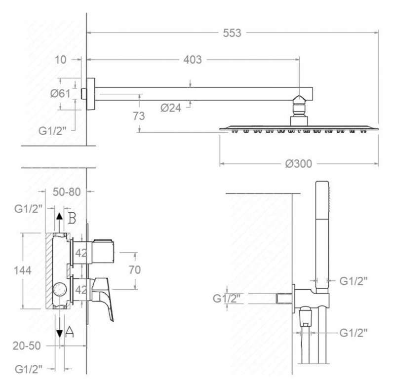 Встраиваемый смеситель для душа с тропическим и ручным душем URBAN CHIC K2115022