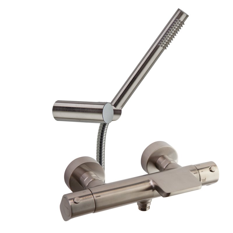 Термостатический смеситель для ванны наружнего монтажа с каскадным изливом и душевым комплектом 363901DNC ALEXIA никель брашированный