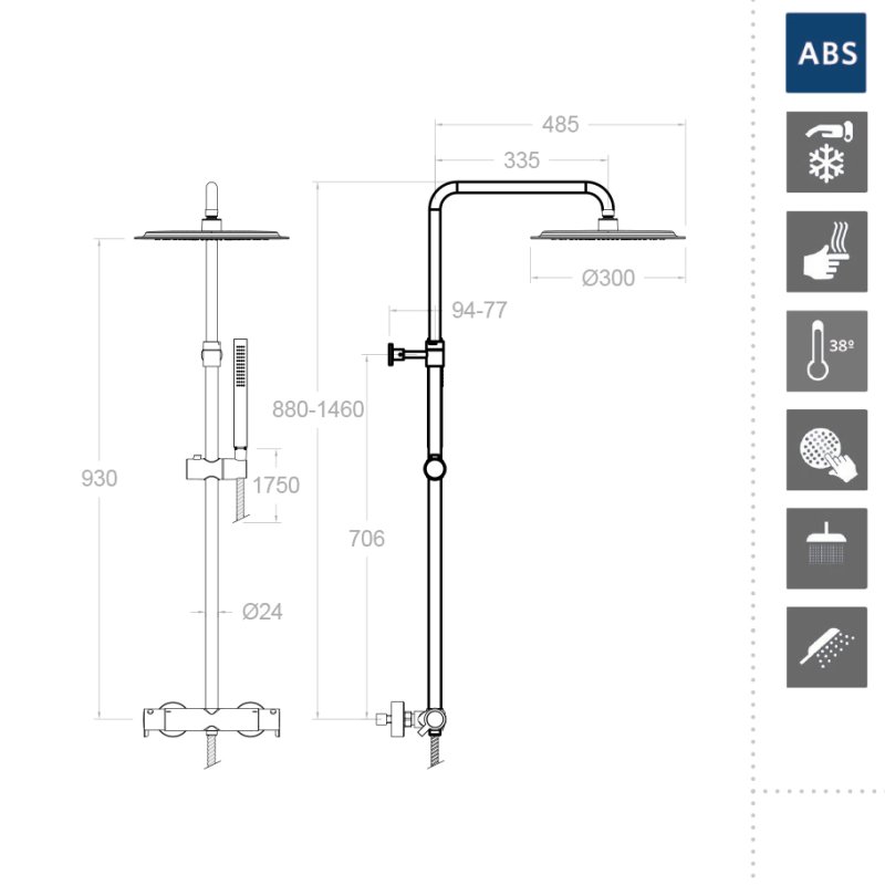 Душевая термостатическая система наружнего монтажа с телескопическим тропическим душем и душевым комплектом DRAKO 335403RP300