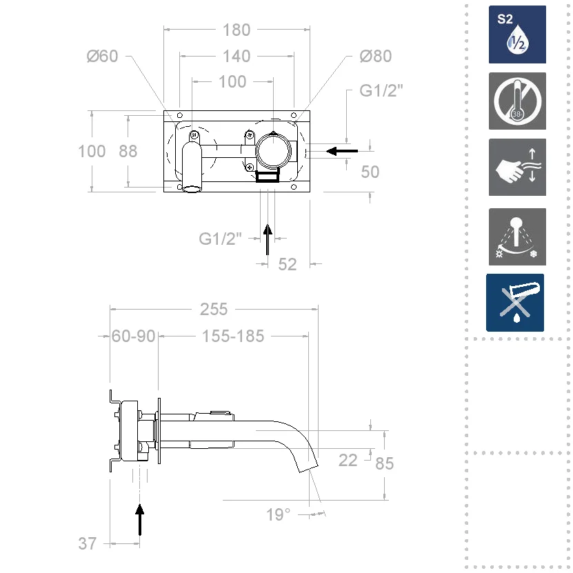 Встраиваемый однорычажный смеситель для раковины на раздельных пластинах 190 мм TZAR 342101