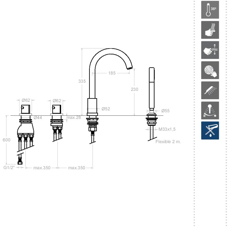 Термостатический смеситель на борт ванны однорычажный с изливом и душевым комлектом AROLA 263303TM