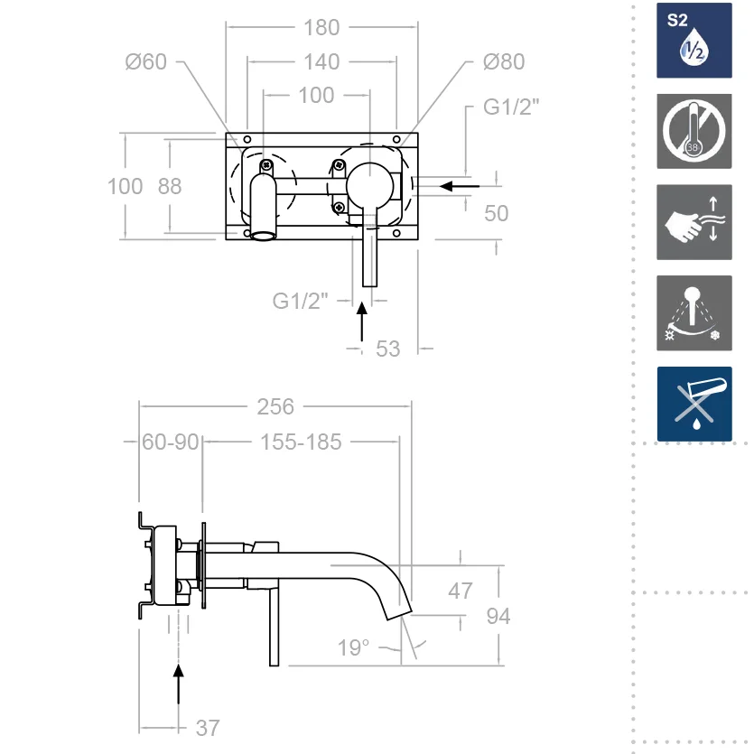 Встраиваемый однорычажный смеситель для раковины на раздельных пластинах 190 мм DRAKO 332102