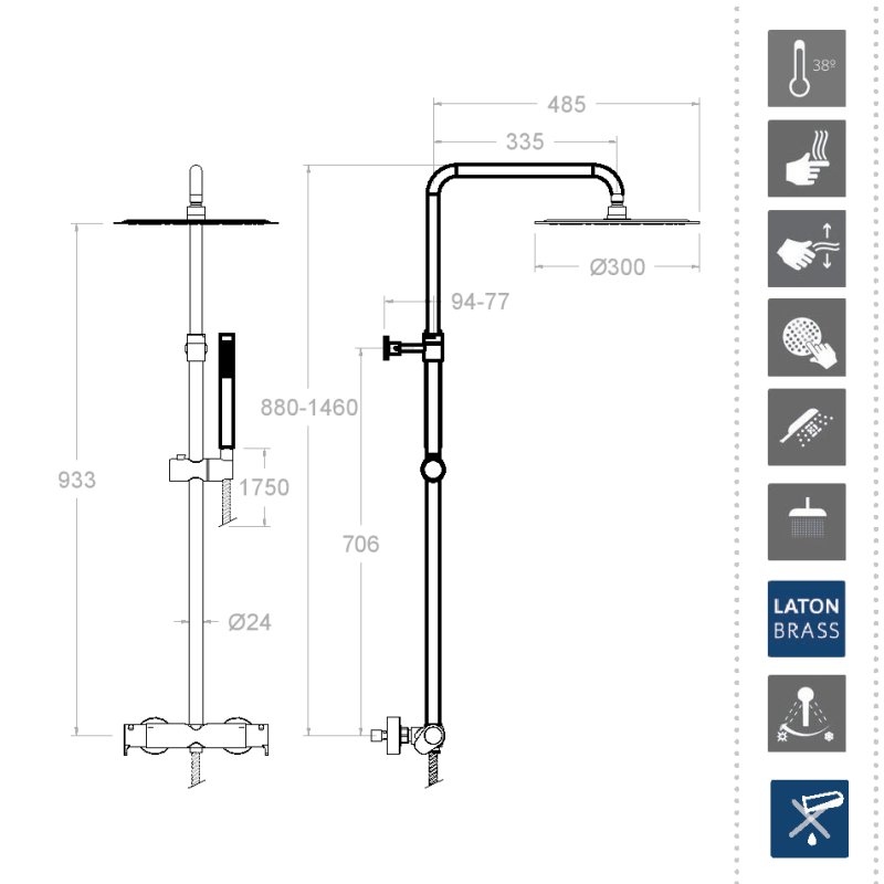 Душевая термостатическая система наружнего монтажа с телескопическим тропическим душем и душевым комплектом ALEXIA 365402RM300