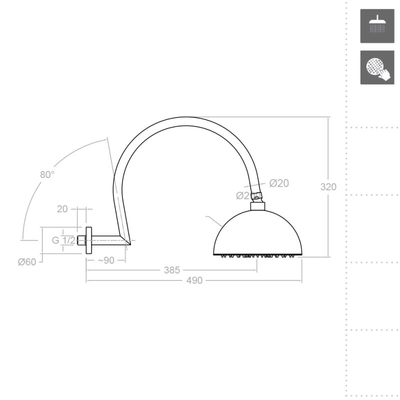 Излив тропического душа потолочный из нержавеющей стали HIDROTERAPIA 200 мм RB2A390