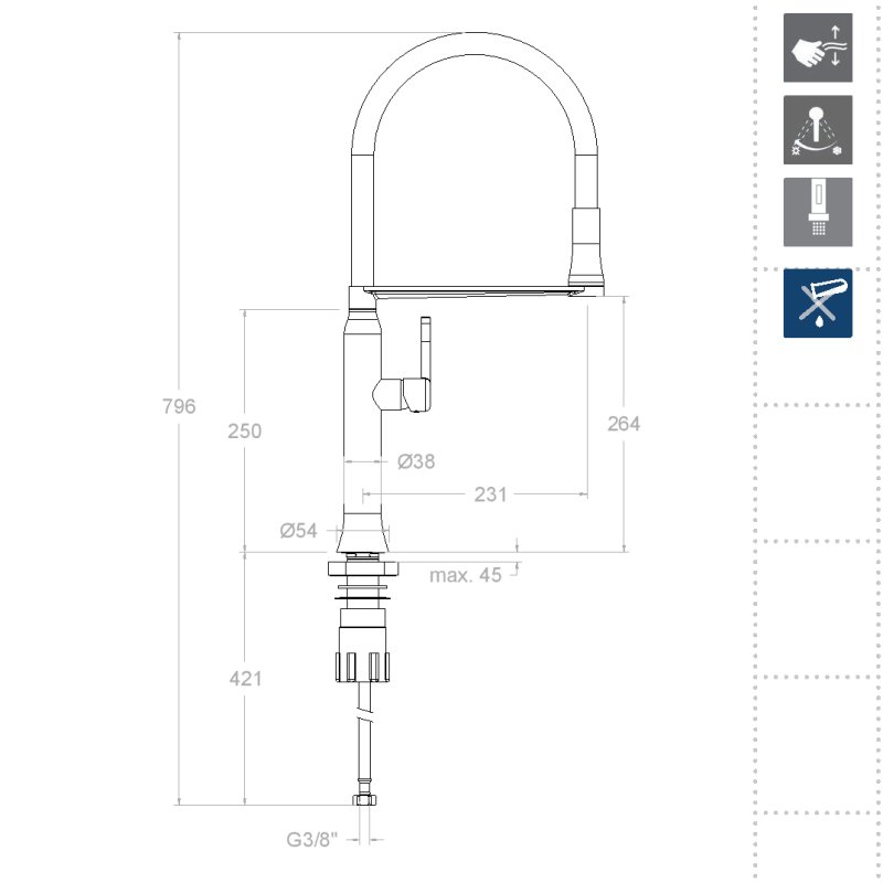 Смеситель высокий для кухни однорычажный с магнитным держателем и гибким изливом KITCHEN MAGNET 386801MA хром
