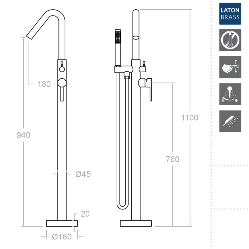 Напольный смеситель для ванны однорычажный с душевым комплектом DRAKO 338502MO