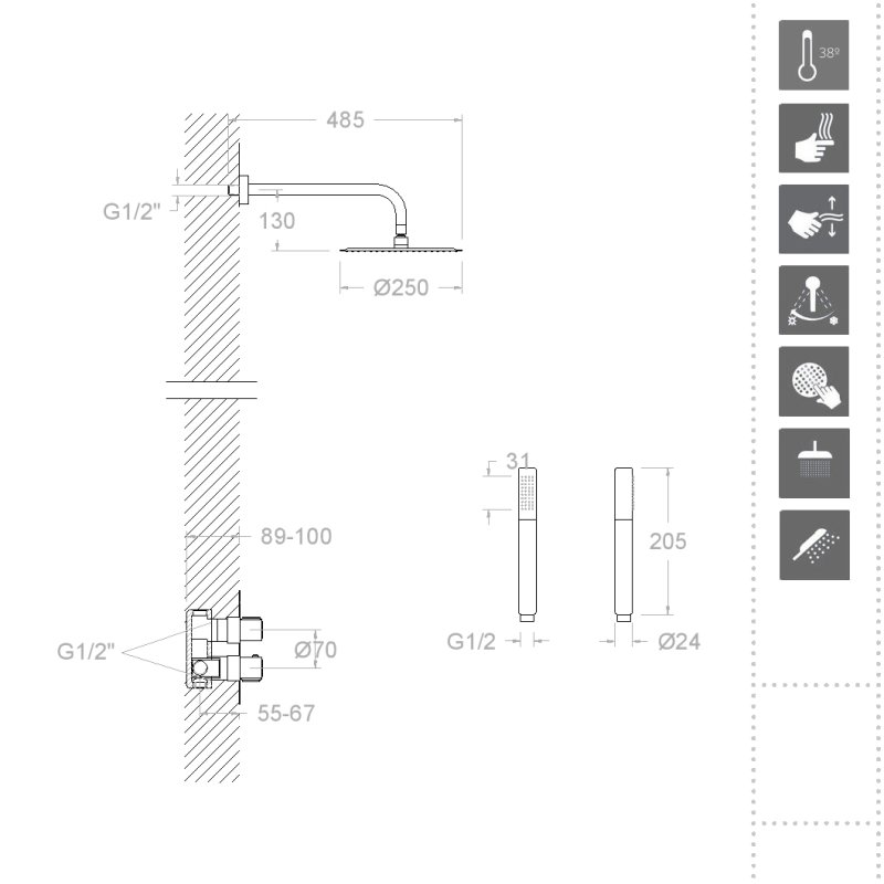 Встраиваемая термостатическая душевая система с тропическим душем и душевым комплектом URBAN CHIC K2124012