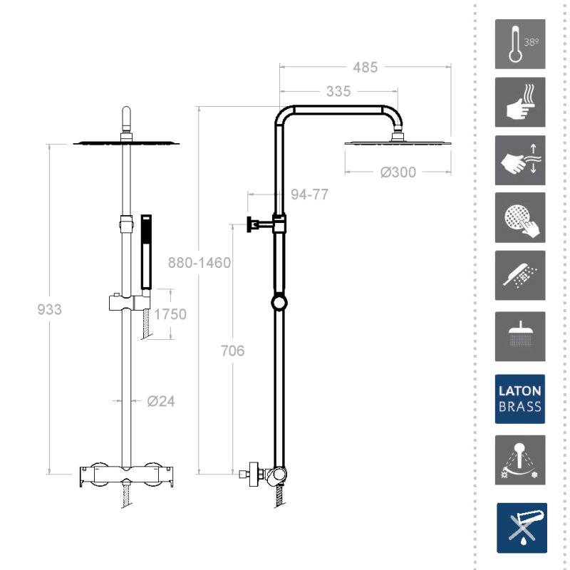 Душевая термостатическая система наружнего монтажа с телескопическим тропическим душем и душевым комплектом ALEXIA 365402RM250OC золото брашированное