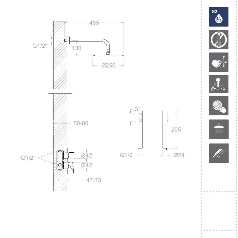 Встраиваемая душевая система с тропическим душем и душевым комплектом URBAN CHIC K2115021