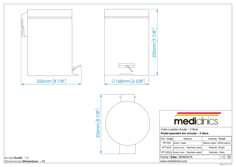 Мусорное ведро с педалью 3л Mediclinics PP1303C