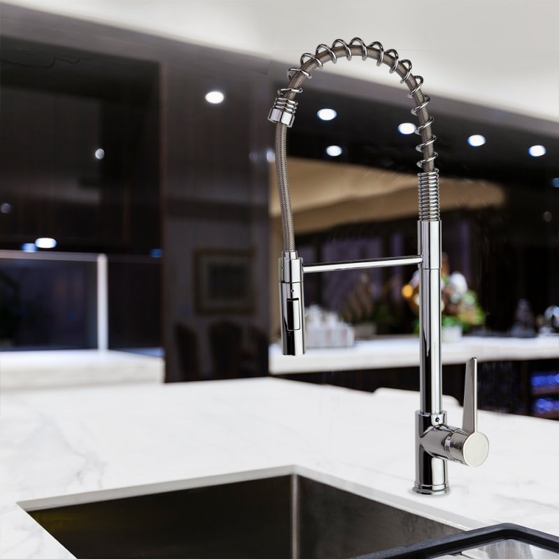 Смеситель высокий для кухни профессиональный, с гибким шлангом и поворотным изливом KITCHEN 386601MC