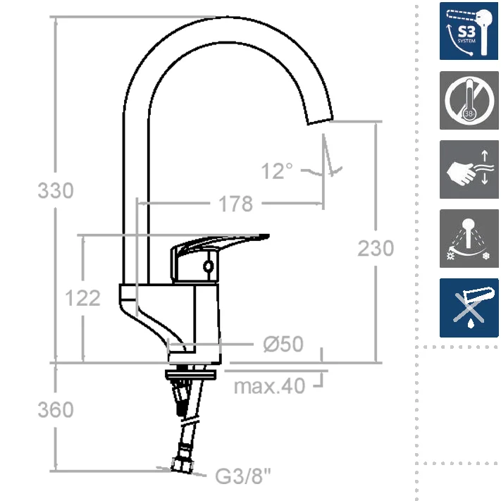 Смеситель высокий для кухни однорычажный с прогрессивным картриджем NEW FLY 572601