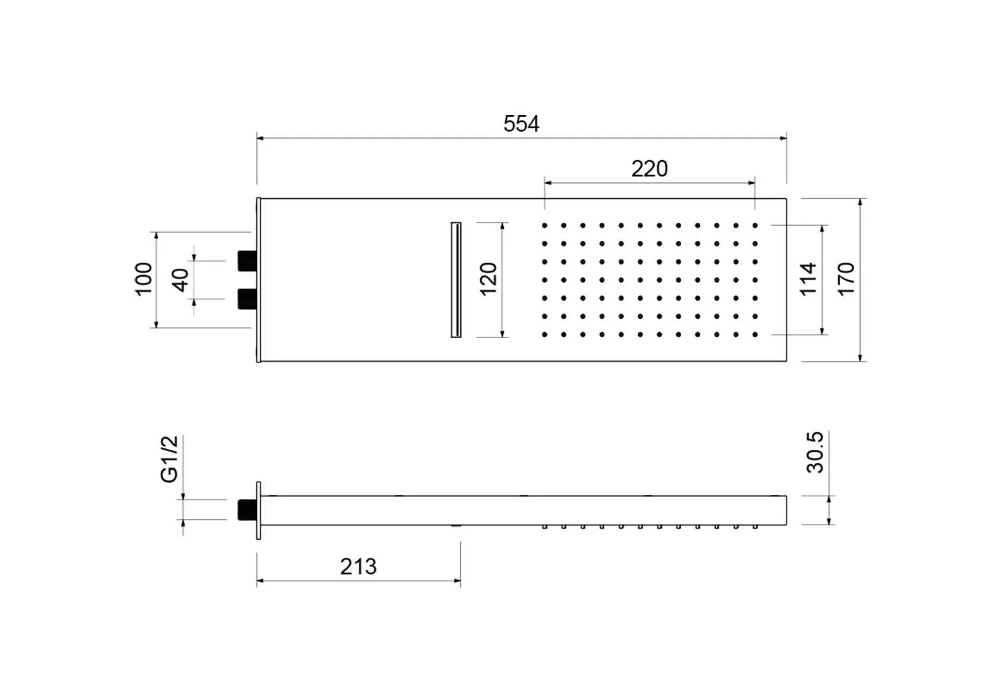 Настенный верхний душ 2 jet 550*170*30 мм AQUATEK, матовый черный AQ2085MB